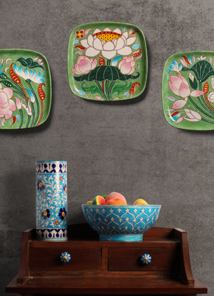 Series of 3 Hand Painted Lotus Story Wall Plates, Wall Hanging Plates