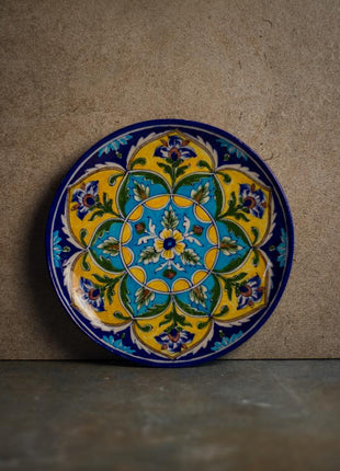 Turquoise Flowers and Yellow Pattern On Blue Base Plate 10
