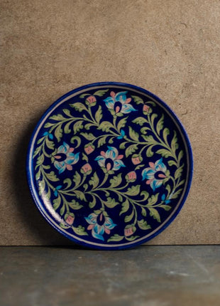 Blue Base with Turquoise Flowers and leaves Plate 10 inch