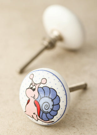 Pink And Blue Snail Hand Painted On White Ceramic Knob