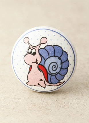 Pink And Blue Snail Hand Painted On White Ceramic Knob