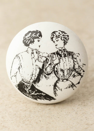 White Ceramic Dresser Knob With Ladies Sketch