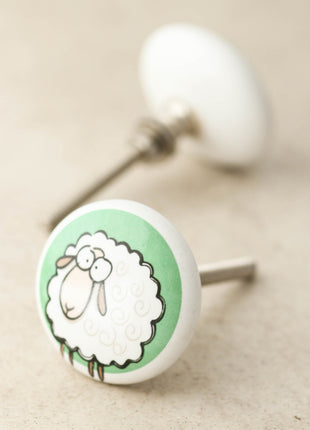 White Ceramic Drawer Knob With Green Base Sheep Print