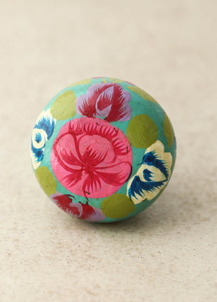 Pink and Lime Blue Flower With green Leaves Wooden Knob