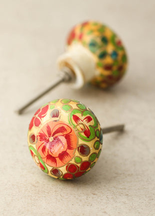 Red Flower and Green Leaves With Golden Base Wooden Knob
