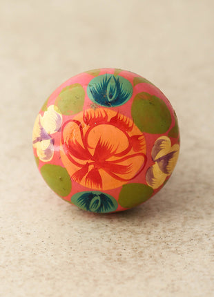 Red Flower and Green Leaves With Pink Base Wooden Knob