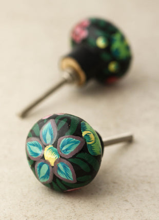 Turquoise Flower With Black Base Wooden Knob