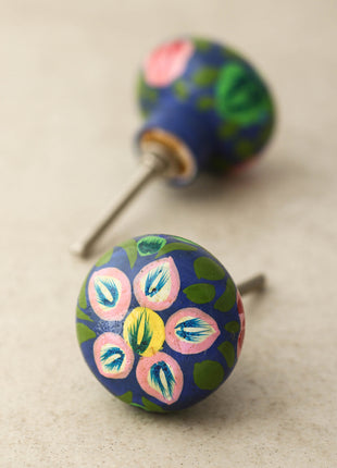 Pink Flower and Green Leaves With Blue Base Wooden Knob