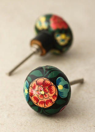 Red Flower and Dark Green Leaves With Black Base Wooden Knob