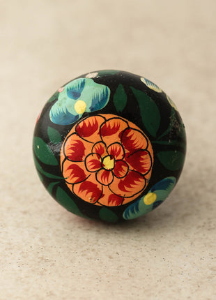 Red Flower and Dark Green Leaves With Black Base Wooden Knob