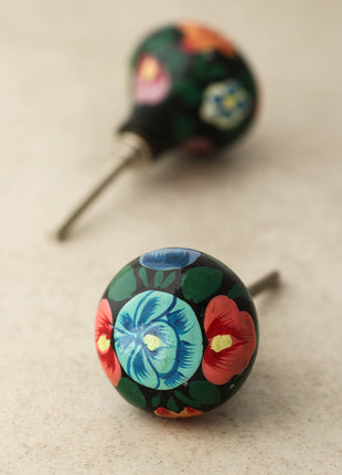 Turquoise and pink Flowers Green Leaves With Balck Base Wooden Knobs