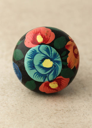 Turquoise and pink Flowers Green Leaves With Balck Base Wooden Knobs