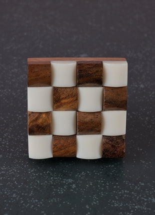 Unique Square Shaped Brown and White Wood and Resin Drawer Cabinet Knob