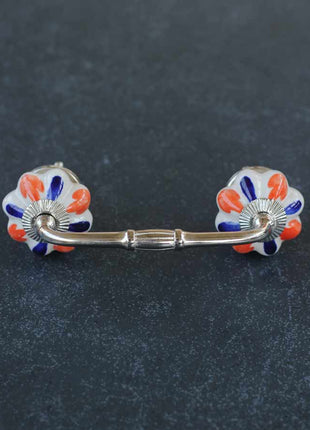 White Ceramic Flower Shaped Drawer Pull With Orange And Blue Flower