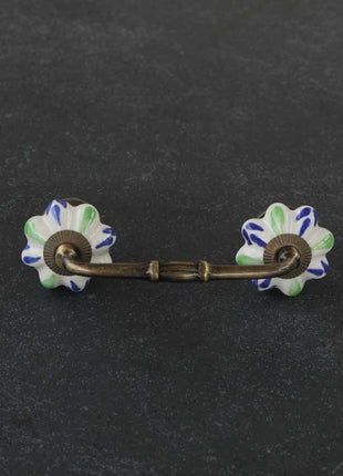Floral White Ceramic Door Pull With Blue And Green Print