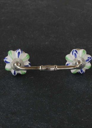 Floral White Ceramic Door Pull With Blue And Green Print