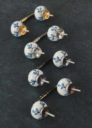 White Royal Ceramic Kitchen Drawer Pull With Blue Flower