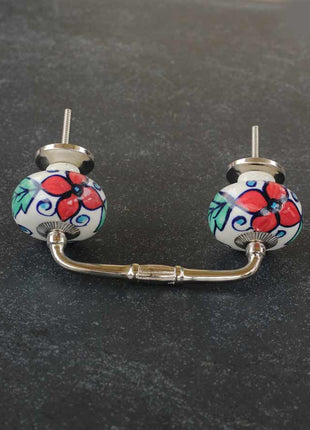 White Ceramic Designer Pull with Red, Turquoise and Blue Floral Design