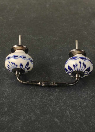 Designer White Ceramic Pull With Handpainted Blue Flower