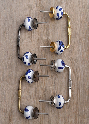 Stylish White Ceramic Drawer Cabinet Pull With Blue Leaves