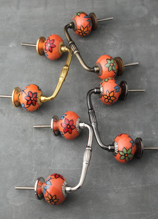 Orange Ceramic Kitchen Cabinet Pull With Beautifully Hand Painted Flowers