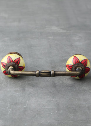 Yellow Round Ceramic Dresser Cabinet Pull With Red Flower