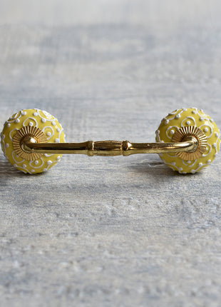 Yellow Ceramic Drawer Cabinet Pull With White Cracked Embossed Design