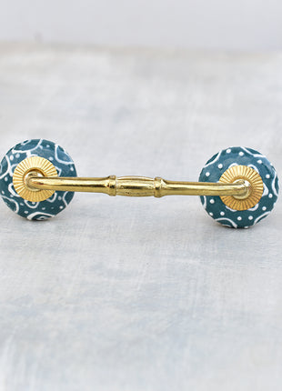 Dark Cyan Ceramic Dresser Pull With White Embossed Design