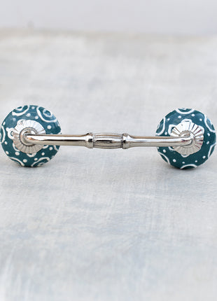 Dark Cyan Ceramic Dresser Pull With White Embossed Design