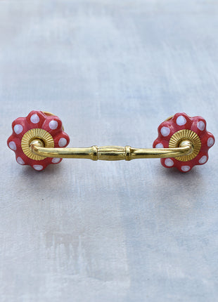 Red Flower Shaped Dresser Cabinet Pull With White Polka Dots