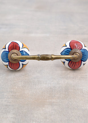 White Base Ceramic Pull With Turquoise And Red Flower And Yellow Leaf