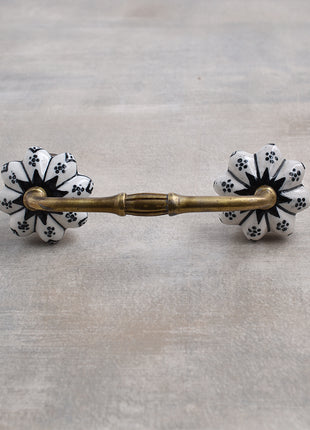 Floral White Royal Ceramic Drawer Cabinet Pull With Black Print