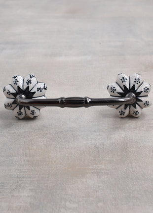 Floral White Royal Ceramic Drawer Cabinet Pull With Black Print