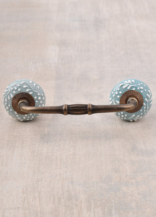 Handmade Turquoise Ceramic Pull With White Cracked Embossed Design