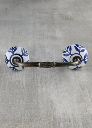 White Royal Ceramic Drawer Cabinet Pull With Blue Leaves