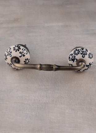 Embossed Handmade Round Black Flower Design on Offwhite Kitchen Cabinet Dresser Pull