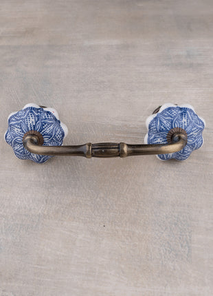 Decorative Round Shape Intricate Blue Floral Pattern On White Base Kitchen Cabinet Dresser Drawer Pull