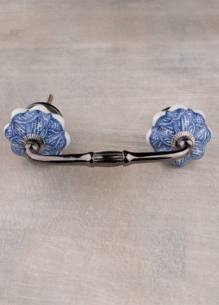 Decorative Round Shape Intricate Blue Floral Pattern On White Base Kitchen Cabinet Dresser Drawer Pull