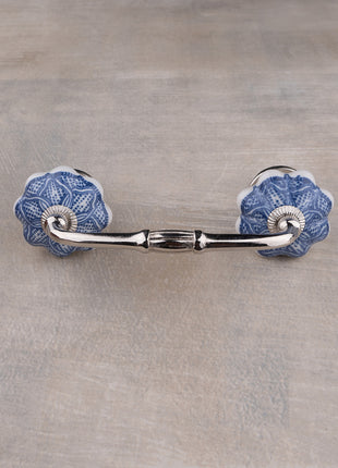 Decorative Round Shape Intricate Blue Floral Pattern On White Base Kitchen Cabinet Dresser Drawer Pull