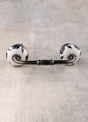 White Base Ceramic Door Pull With Black Floral Print