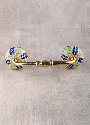 Green And Blue Designer Petals On White Ceramic Drawer Cabinet Pull