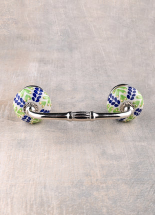 Green And Blue Designer Petals On White Ceramic Drawer Cabinet Pull