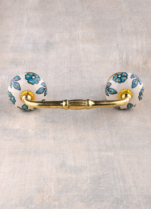 Teal Color Flowers And Petals On White Ceramic Cupboard Pull