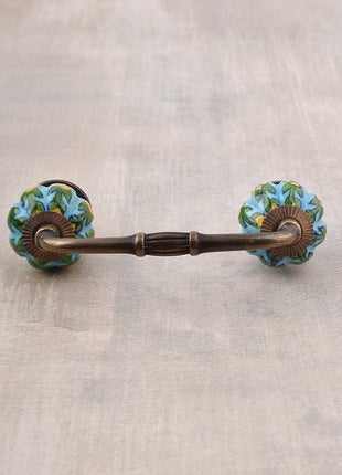 Yellow Flower and Green Leafs with Turquoise Base Ceramic Door Pull