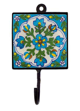Blue Pottery Square Iron Wall Hook - Turquoise, Pink, Green, Yellow and Blue Flowers