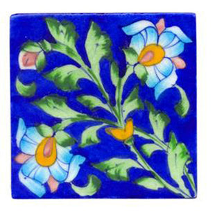 Blue Tile with Blue, Turquoise, Yellow and Pink Flowers and Green Leaves (4x4-bpt01)