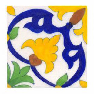 Blue, yellow & green flowers on white tile (4x4-bpt21)