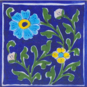 Blue bordered tile with yellow, turquoise flowers& green leaves (4x4-bpt29)