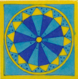 blue strips in yellow round design on yellow bordered turquoise tile 4x4