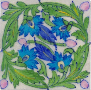light pink tile painted with blue and green design 4x4